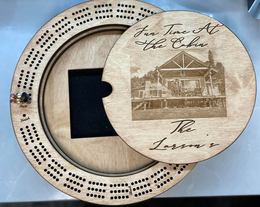 Personalized Cribbage Board with card and peg holder