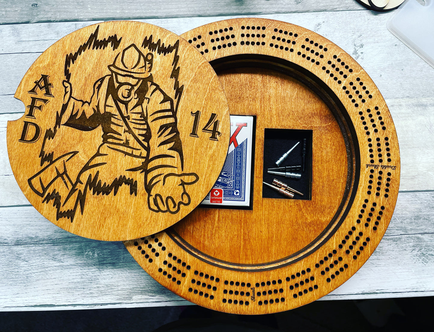 Personalized Cribbage Board with card and peg holder