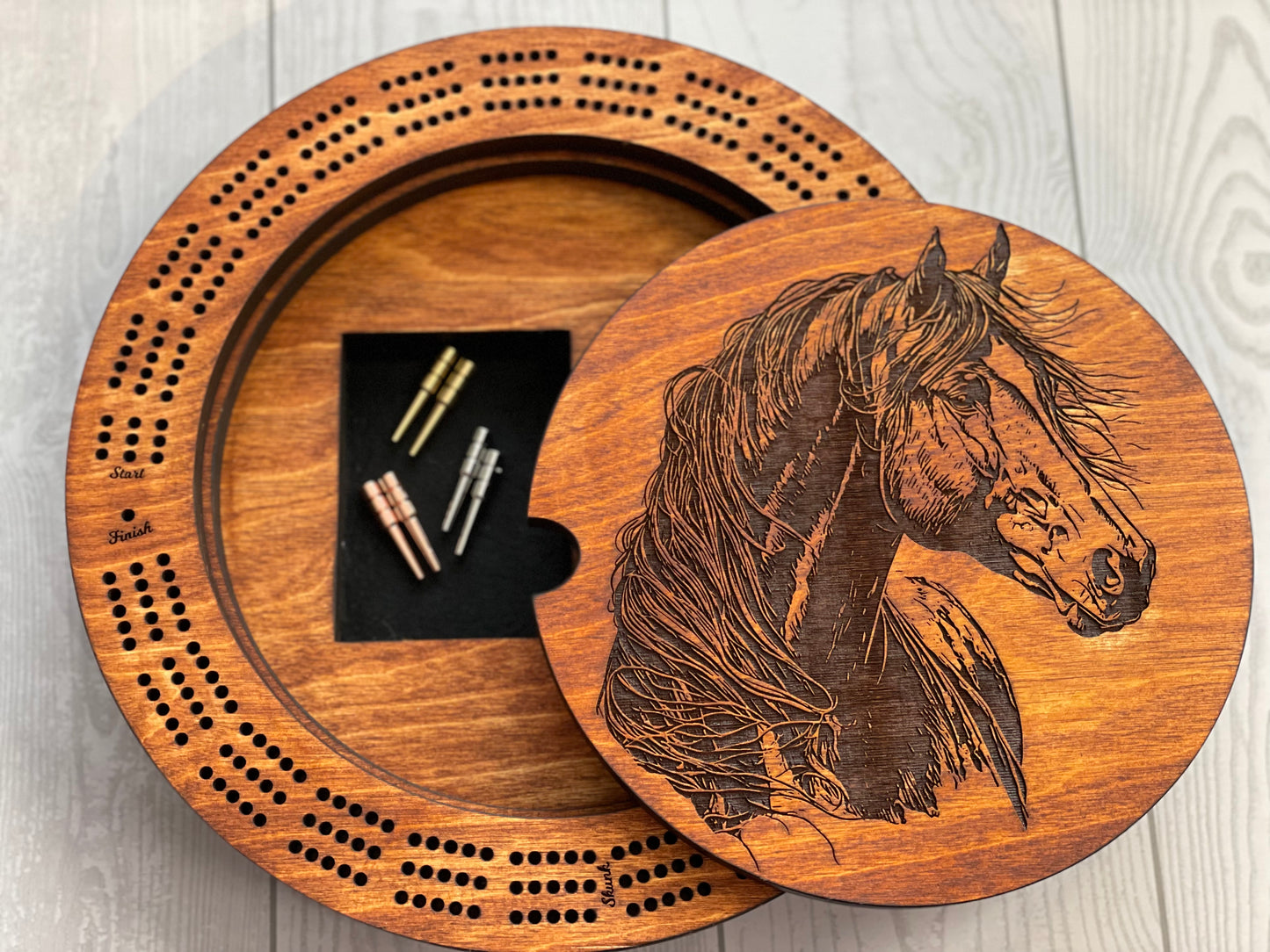 Personalized Cribbage Board with card and peg holder