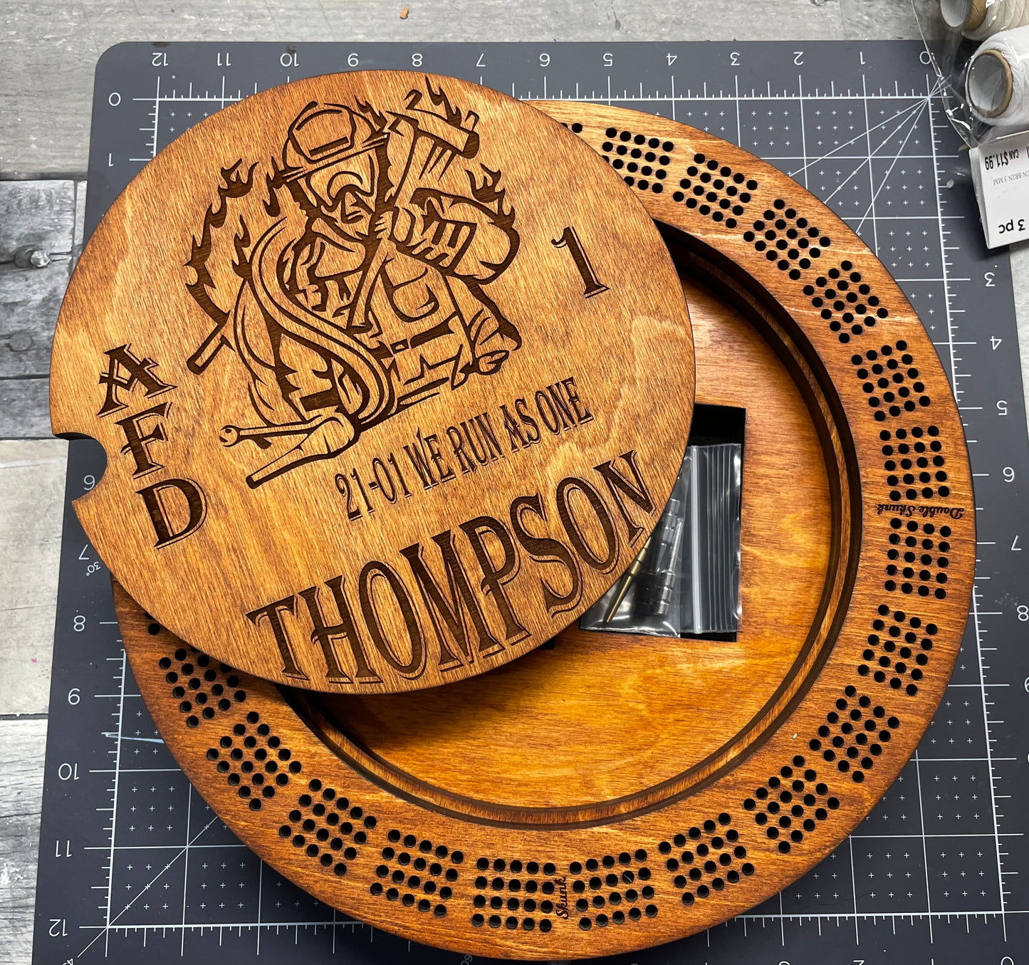 Personalized Cribbage Board with card and peg holder